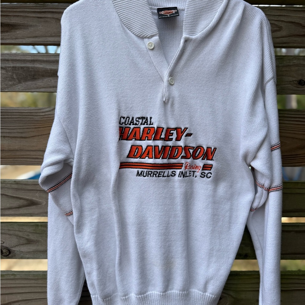 Harley-Davidson White V-Neck Sweater with Orange Accents